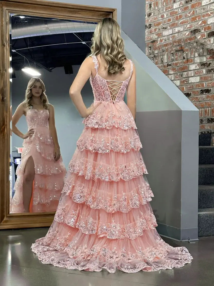 Aimishang Princess A-Line Off-the-Shoulder Lace Ruffles Long Formal Prom Dress Lovely Birthday Party Dress With Slit