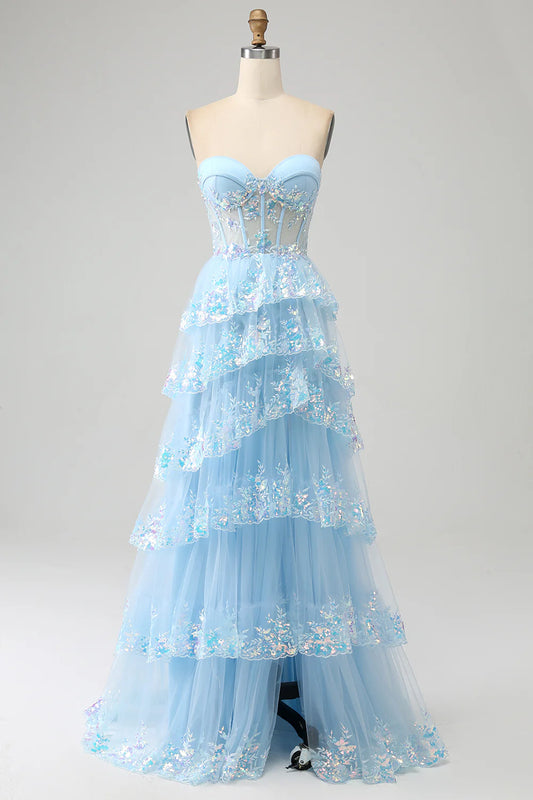 Aimishang Princess A-Line Strapless Sweetheart Tiered Long Formal Prom Dress Purple / Light Blue Lovely Evening Party Dress
