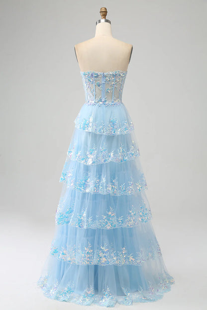 Aimishang Princess A-Line Strapless Sweetheart Tiered Long Formal Prom Dress Purple / Light Blue Lovely Evening Party Dress