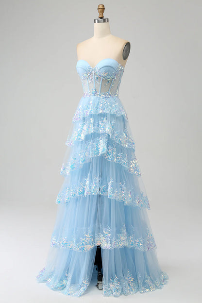 Aimishang Princess A-Line Strapless Sweetheart Tiered Long Formal Prom Dress Purple / Light Blue Lovely Evening Party Dress