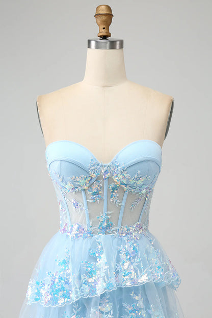 Aimishang Princess A-Line Strapless Sweetheart Tiered Long Formal Prom Dress Purple / Light Blue Lovely Evening Party Dress
