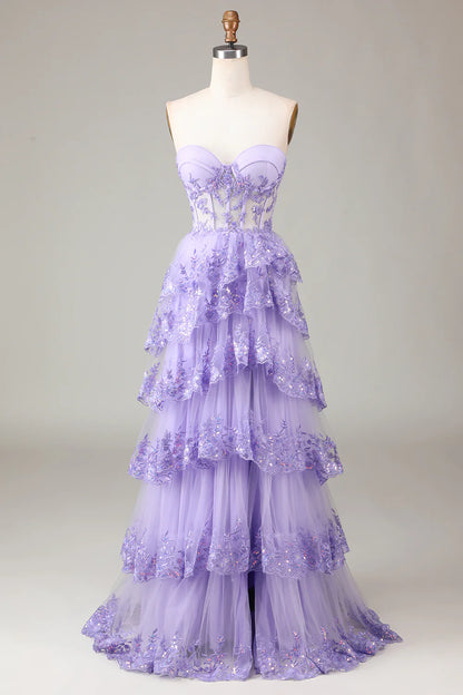 Aimishang Princess A-Line Strapless Sweetheart Tiered Long Formal Prom Dress Purple / Light Blue Lovely Evening Party Dress