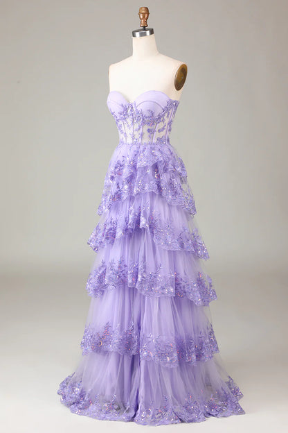 Aimishang Princess A-Line Strapless Sweetheart Tiered Long Formal Prom Dress Purple / Light Blue Lovely Evening Party Dress