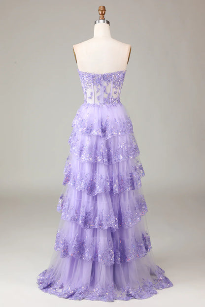 Aimishang Princess A-Line Strapless Sweetheart Tiered Long Formal Prom Dress Purple / Light Blue Lovely Evening Party Dress