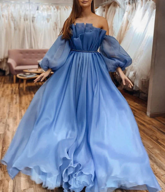 Wholesale A Line Prom Dresses Off The Shoulder Tulle With Applique Long Sleeves