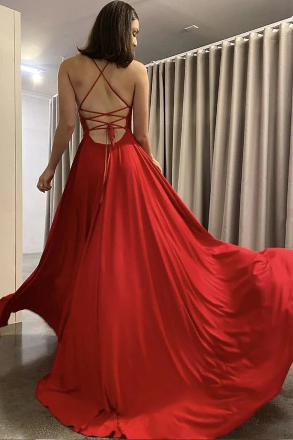 Wholesale A Line Prom Dresses Straps Chiffon Red With Slit