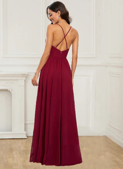 Wholesale A Line Prom Dresses V Neck Chiffon With Ruffles And Slit Train