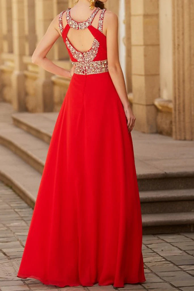 Wholesale A Line Prom Dresses Floor-Length Open Back Chiffon With Beading