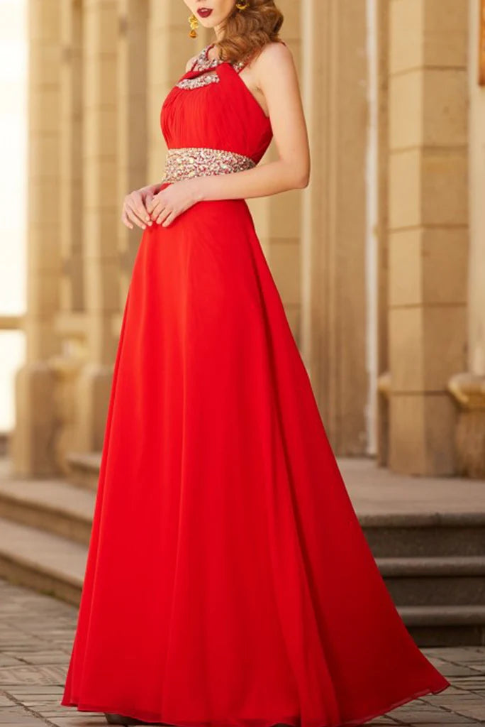 Wholesale A Line Prom Dresses Floor-Length Open Back Chiffon With Beading