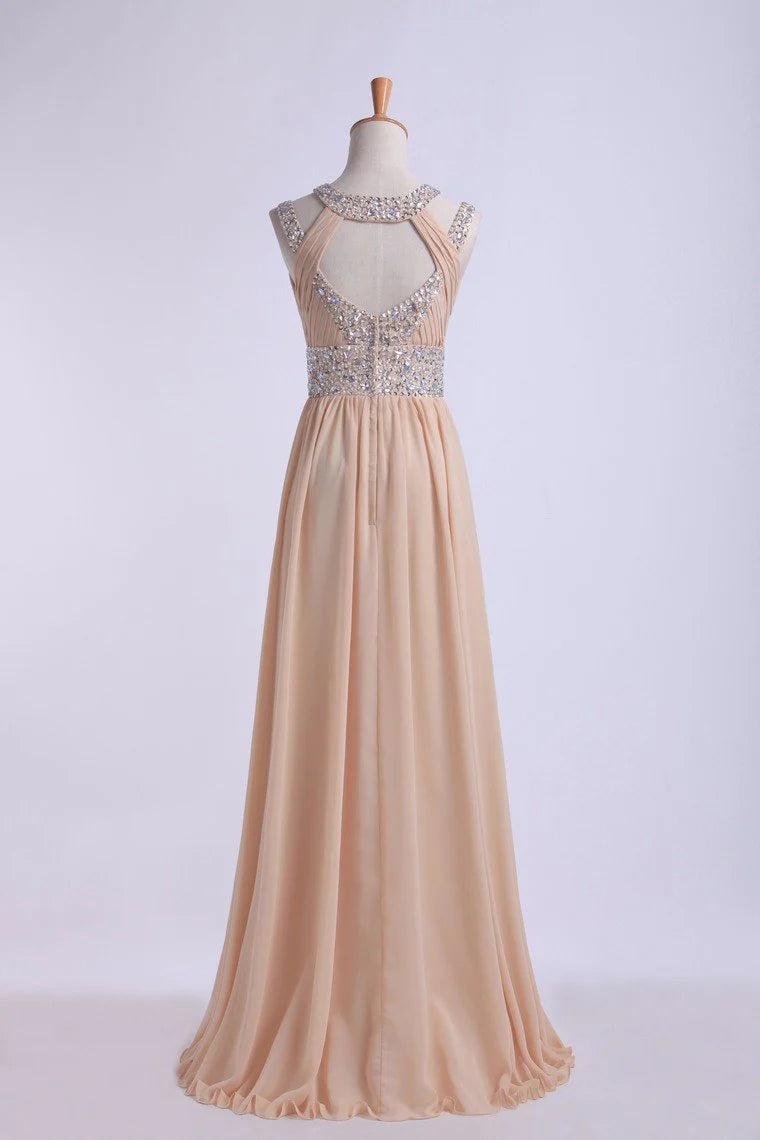 Wholesale A Line Prom Dresses Floor-Length Open Back Chiffon With Beading