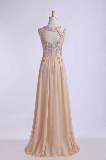 Wholesale A Line Prom Dresses Floor-Length Open Back Chiffon With Beading