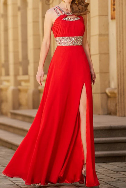 Wholesale A Line Prom Dresses Floor-Length Open Back Chiffon With Beading