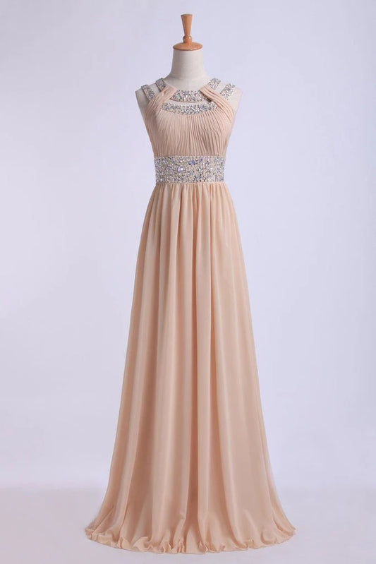 Wholesale A Line Prom Dresses Floor-Length Open Back Chiffon With Beading