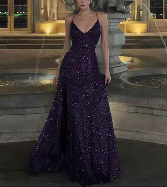 Aimishang Sparkly Spaghetti Straps V-neck Sleeveless Party Evening Gown Charming Formal Prom Dress With Slit