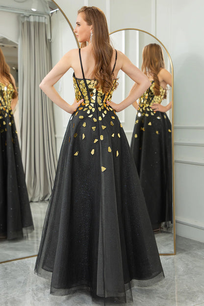 Wholesale A Line Evening Dress Spaghetti Straps Sequins Long Corset Mirror Prom Dress Black Golden