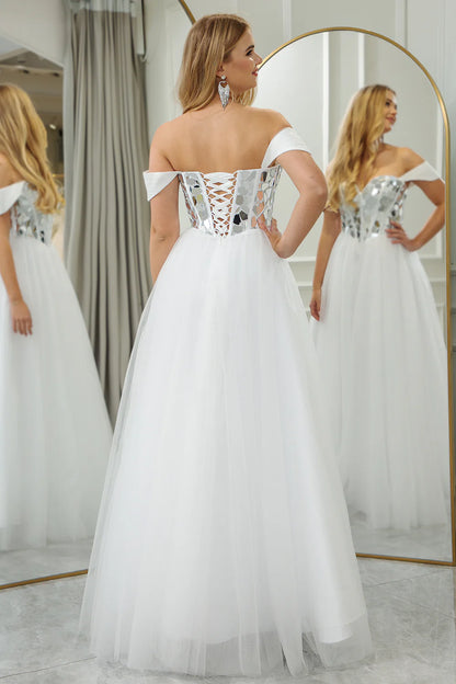 Wholesale A Line Off the Shoulder Long Prom Dress Corset Mirror Pure White Evening Dress