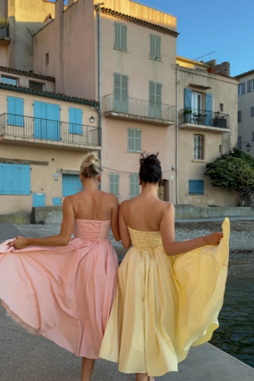 Aimishang Elegant Yellow Pink Sweetheart A-line Strapless Sleeveless Formal Prom Dress Lovely Wedding Guest Party Dress