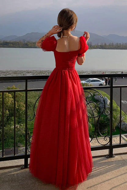 Beautiful Red Short Sleeves Tulle Prom Dress Party Dress Evening Gown Formal Dresses Wholesale