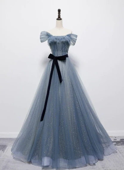 Grey-Blue Tulle Off Shoulder Long Party Dress with Bow A-line Floor Length Prom Dress Wholesale