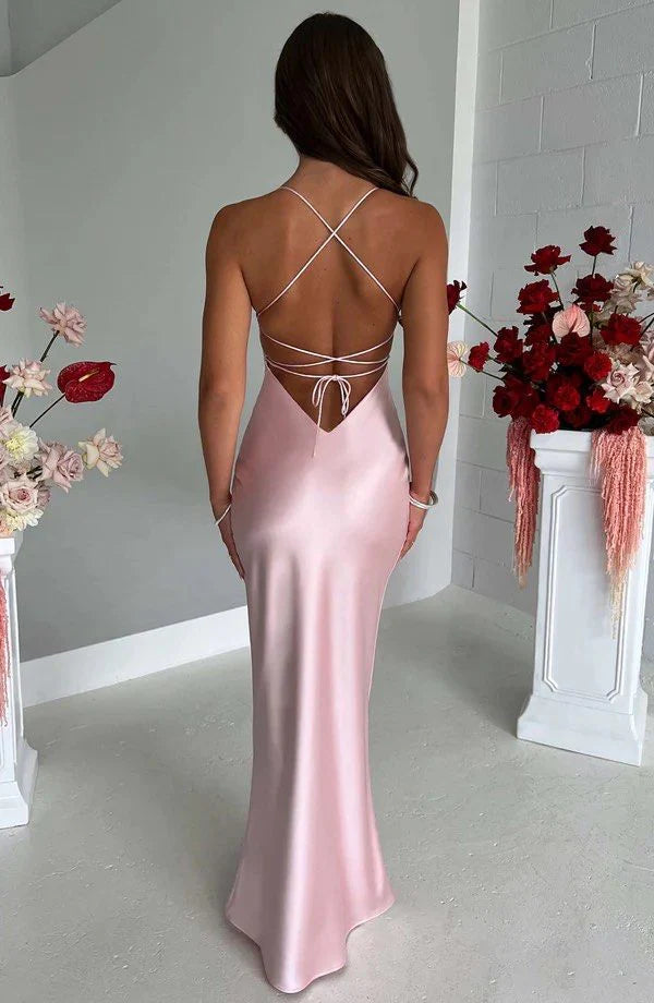 Wholesale Elegant Evening Dress Halter Neck Pink Prom Dresses Sheath Satin Evening Dress Formal Women's Dresses