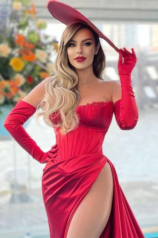 Charming Red Evening Dress Off The Shoulder Strapless Long Sleeve With Slit Sexy Party Dress No With Gloves And Hat