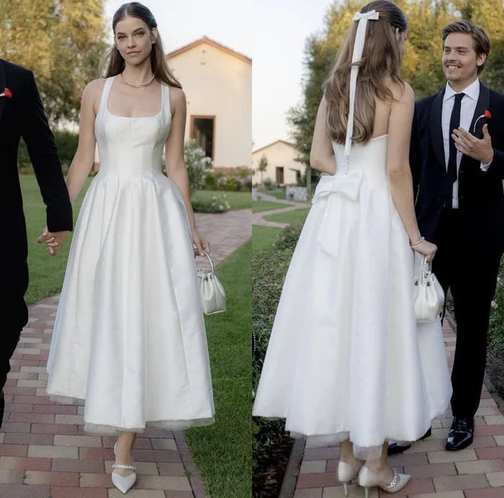 Aimishang Fashion A Line Satin Tulle Wedding Dress Simple Square Neckline Elegant Formal Prom Dress