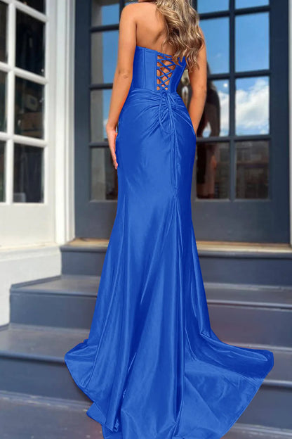 Wholesale Prom Dress Mermaid Satin Strapless Lace Up With Slit