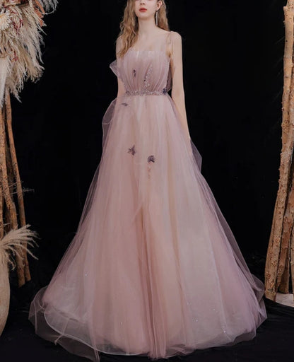 Pink Tulle with Beadings Spaghetti Strap Long Formal Dress Junior Prom Dress Charming Wholesale