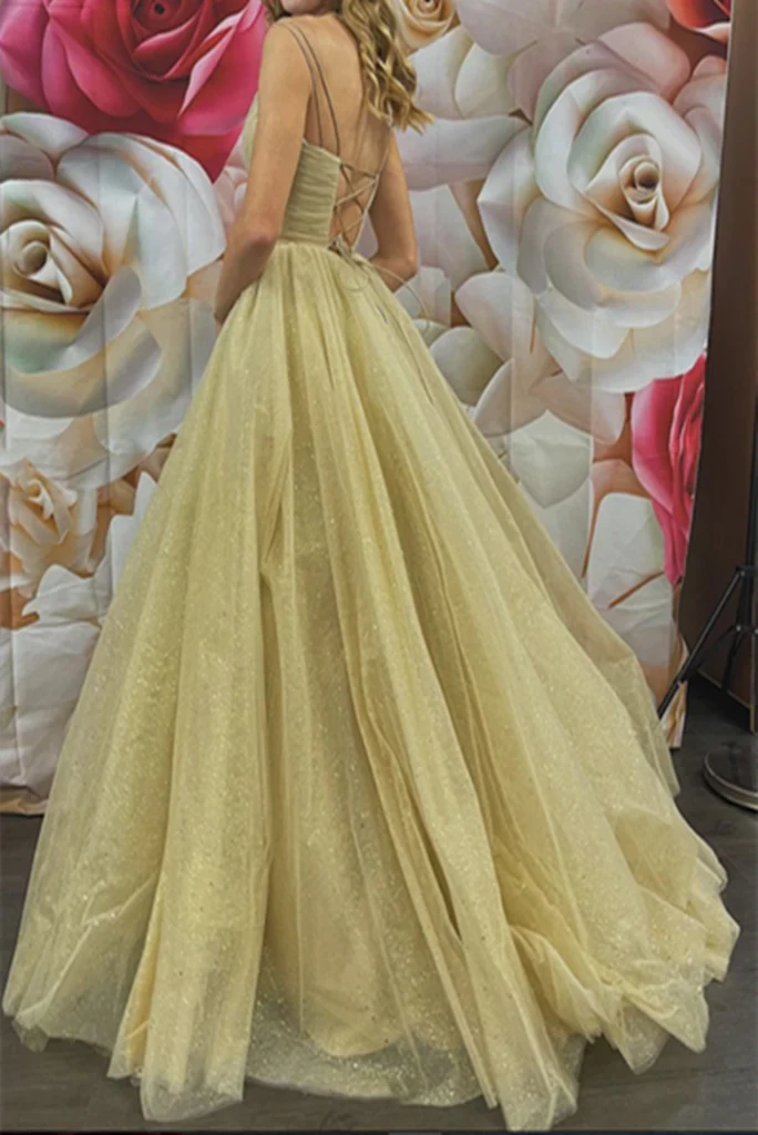 Wholesale Evening Dresses Real Made Charming Tulle Sequin Straps Prom Dresses Floor-Length