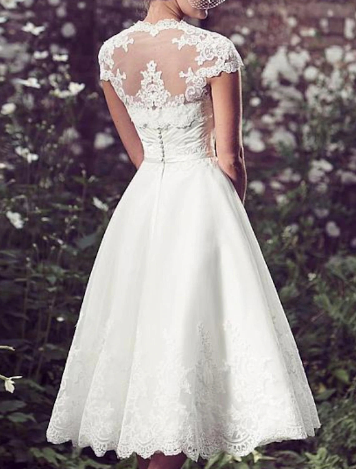 Aimishang Reception Vintage 1940s / 1950s Wedding Dresses A-Line Sweetheart Cap Sleeve Tea Length Lace Bridal Gowns With Appliques