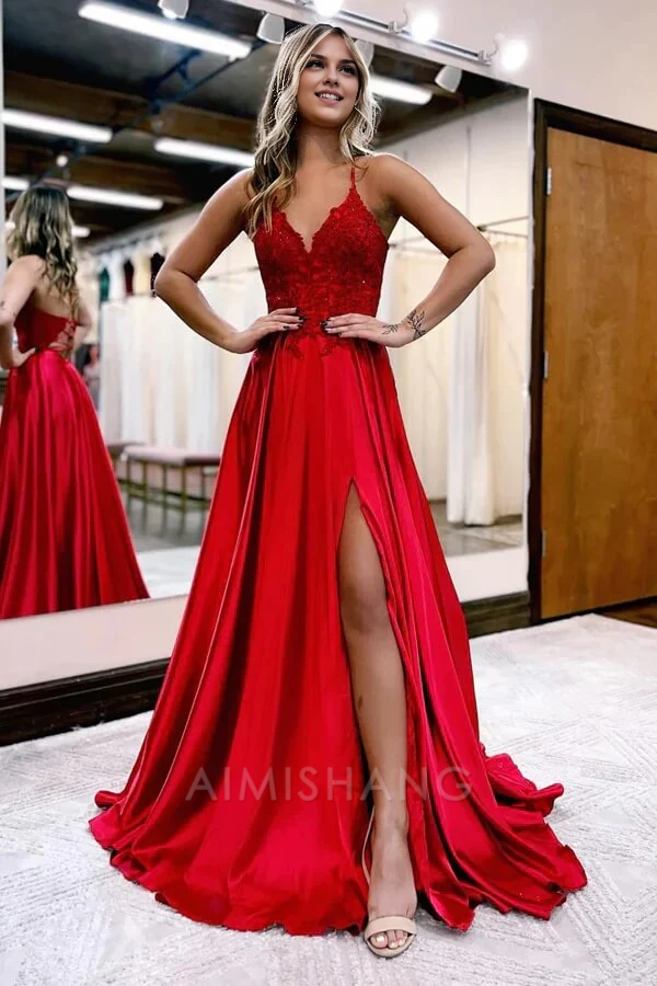 Aimishang A-line V-neck Satin Spaghetti Straps Prom Dresses Charming Evening Party Dresses With Slit