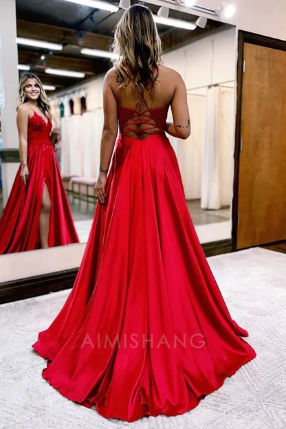 Aimishang A-line V-neck Satin Spaghetti Straps Prom Dresses Charming Evening Party Dresses With Slit