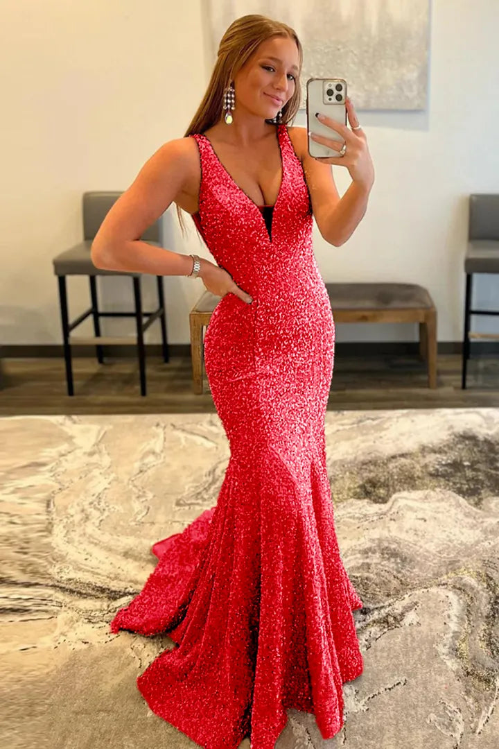 Wholesale Mermaid Sexy Glitter V Neck Long Prom Dress