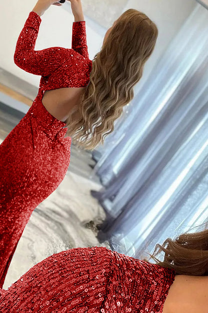 Wholesale Evening Dress Mermaid Glitter Navy Sequins Mesh Backless Prom Dress