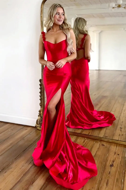 Wholesale Prom Dress Satin Mermaid Keyhole Back Sweep Train Mermaid With Slit