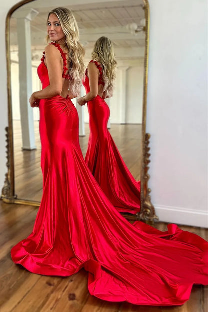 Wholesale Prom Dress Satin Mermaid Keyhole Back Sweep Train Mermaid With Slit