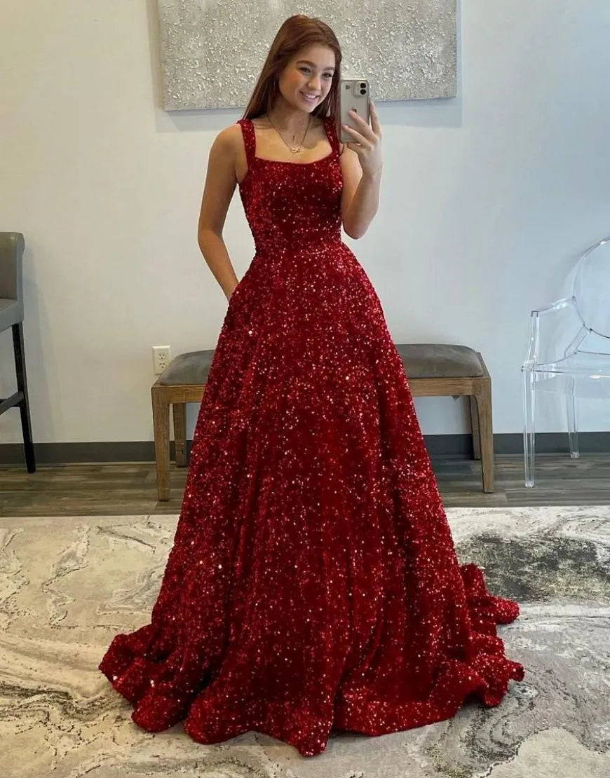 Wholesale A-Line Shoulder Straps Sequin Prom Dress