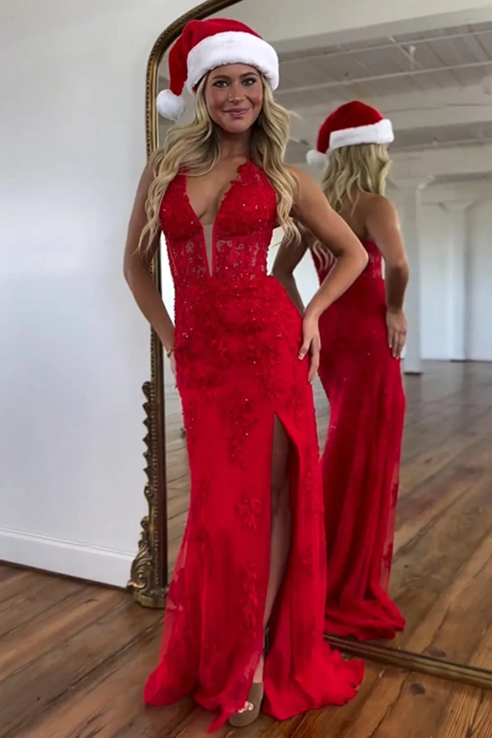 Wholesale Prom Dress Mermaid Deep V-Neck Long Lace With Split