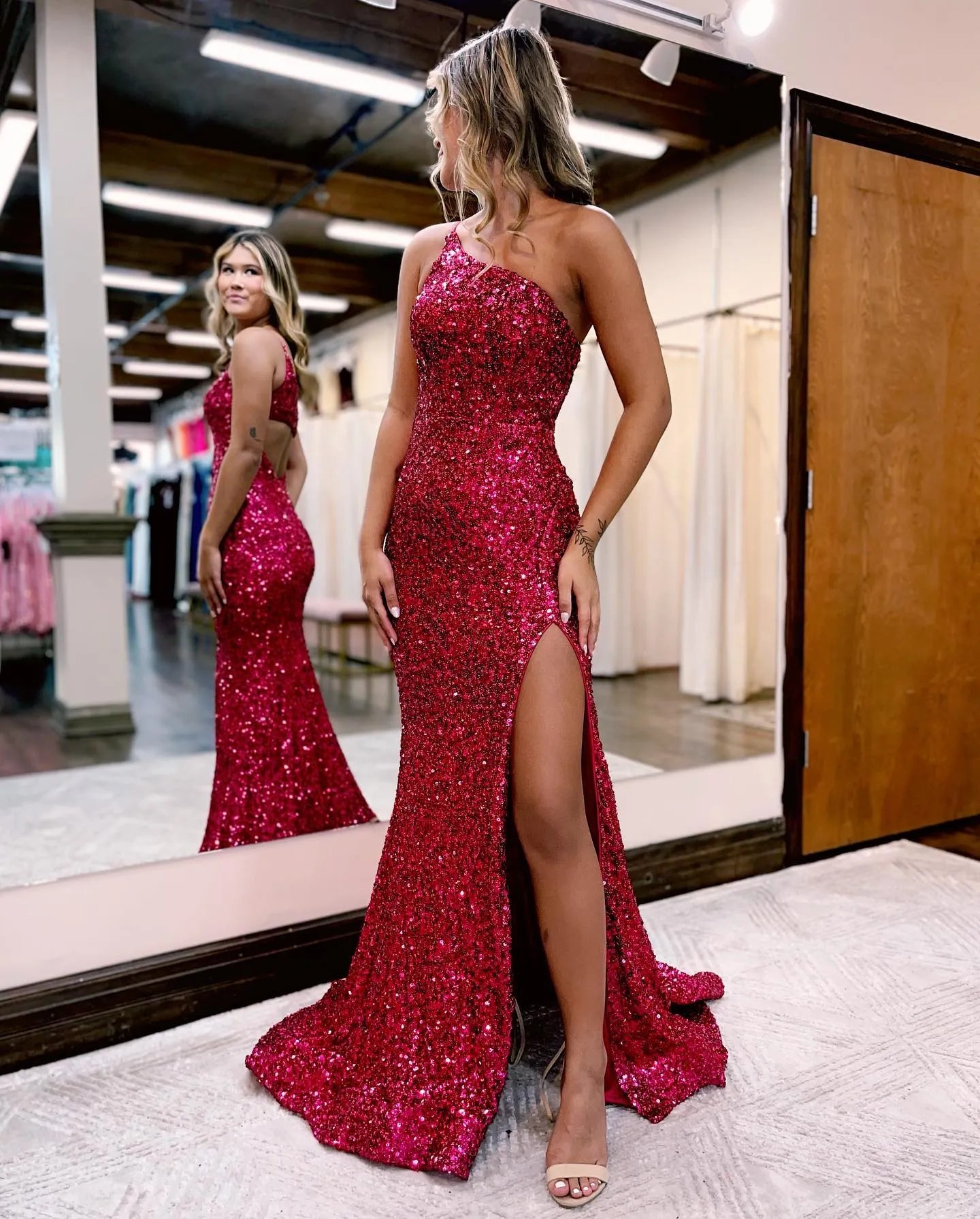 Wholesale Prom Dress One Shoulder Mermaid Glitter With Split