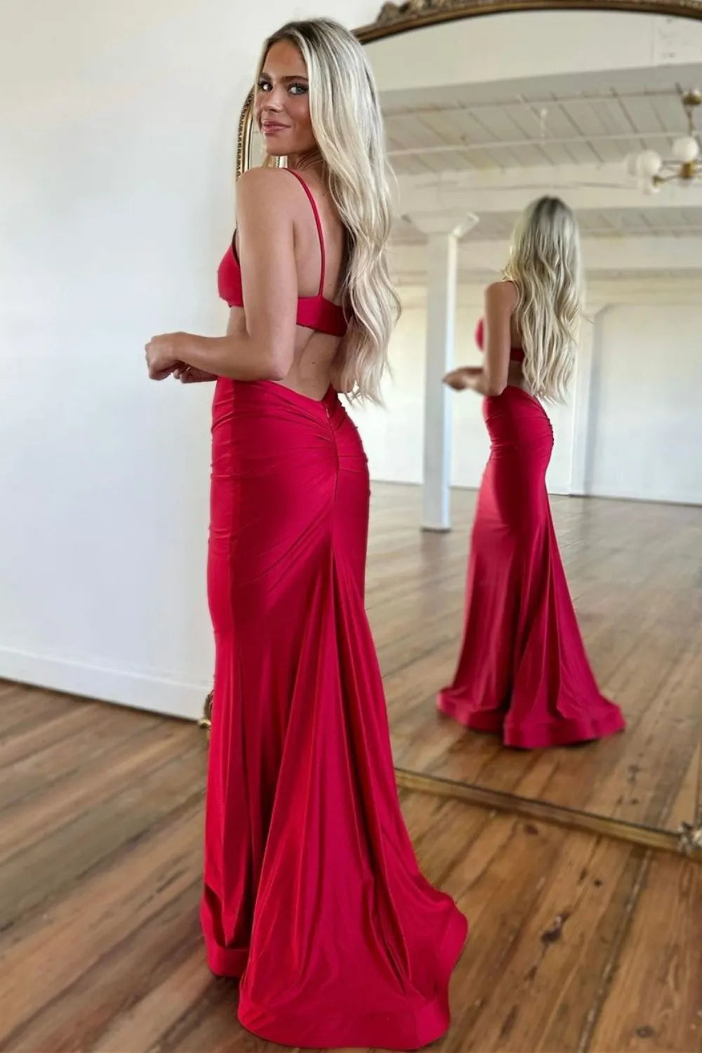 Mermaid Prom Dress Spaghetti Straps Cutout Waist Long Satin