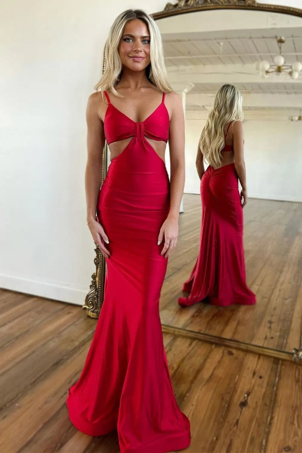 Mermaid Prom Dress Spaghetti Straps Cutout Waist Long Satin