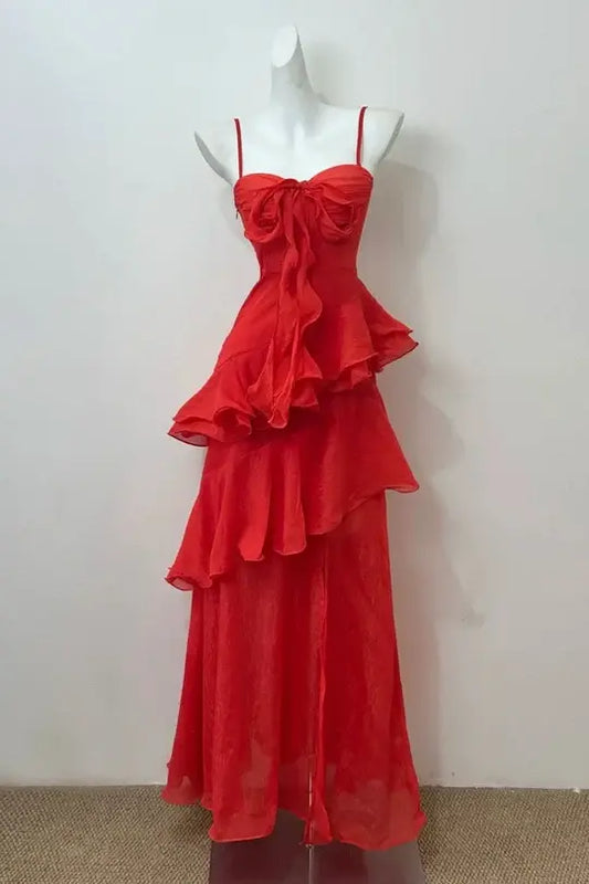 Aimishang Sweetheart Spaghetti Straps Ruffled Sleeveless Long Evening Gown Lovely Formal Prom Dress
