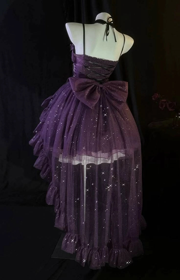 Aimishang Retro Purple Ball Gown Spaghetti Straps Homecoming Dress Chic Birthday Party Dress With Bow