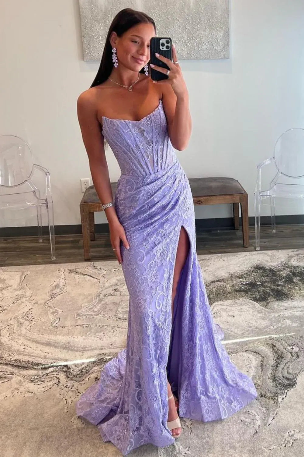 Wholesale Prom Dress Glitter Mermaid Strapless Sweep Train Lace With Slit