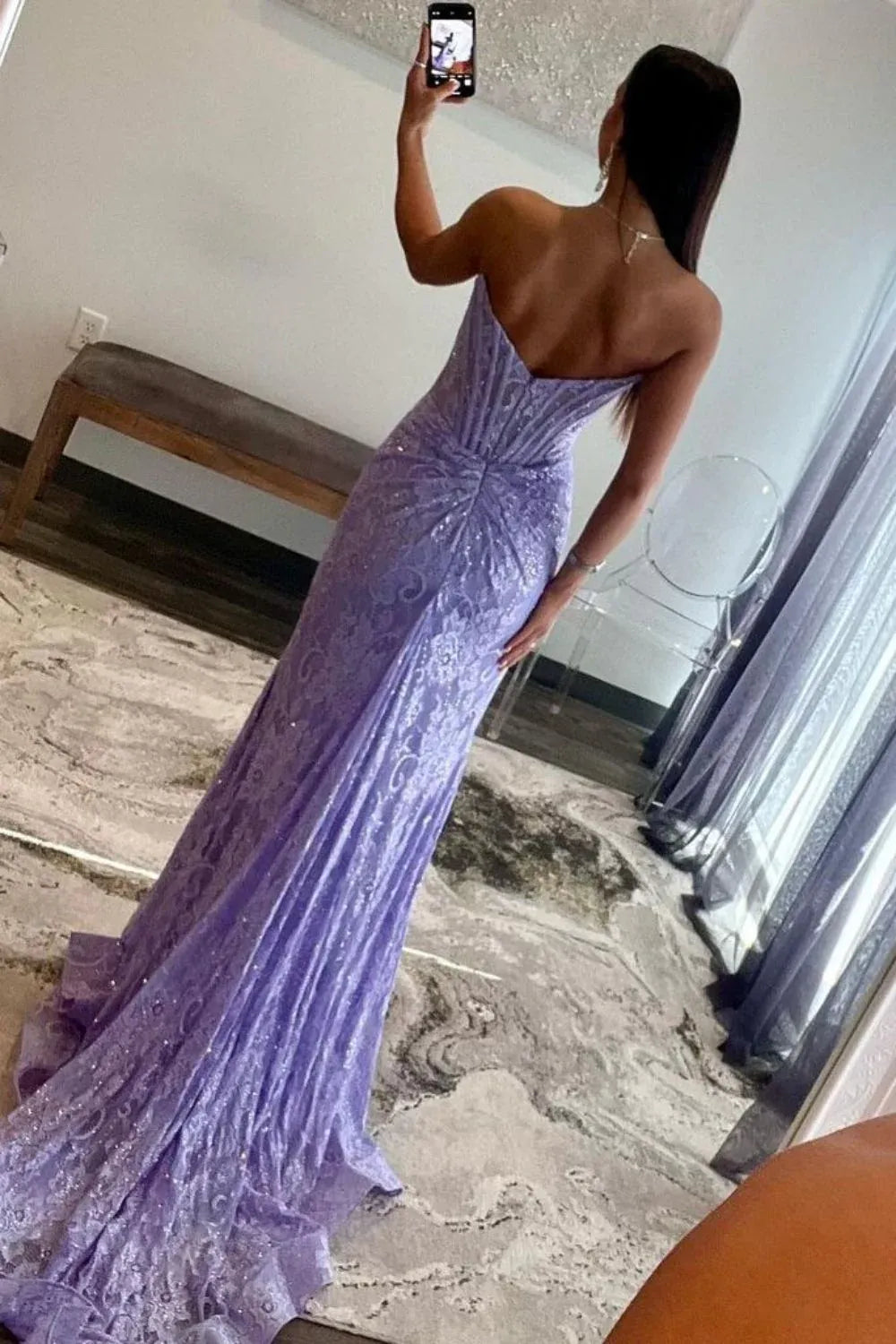 Wholesale Prom Dress Glitter Mermaid Strapless Sweep Train Lace With Slit