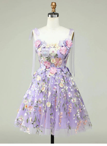Aimishang Romantic A-Line Straps Sleeveless Floral Embroidered Tulle Short Homecoming Party Dress