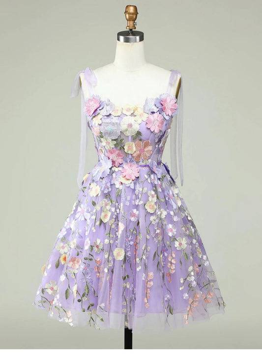 Aimishang Romantic A-Line Straps Sleeveless Floral Embroidered Tulle Short Homecoming Party Dress