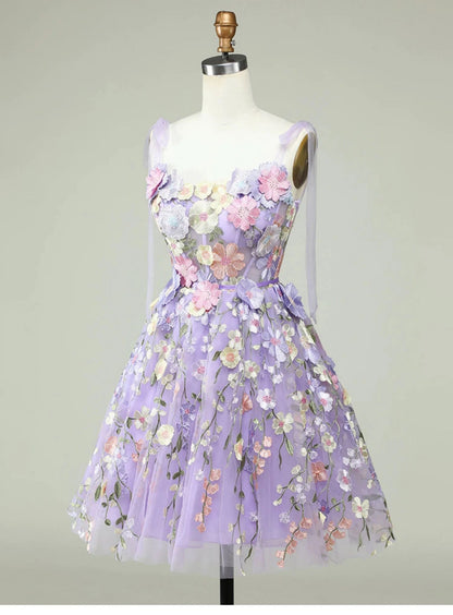 Aimishang Romantic A-Line Straps Sleeveless Floral Embroidered Tulle Short Homecoming Party Dress