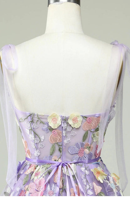 Aimishang Romantic A-Line Straps Sleeveless Floral Embroidered Tulle Short Homecoming Party Dress