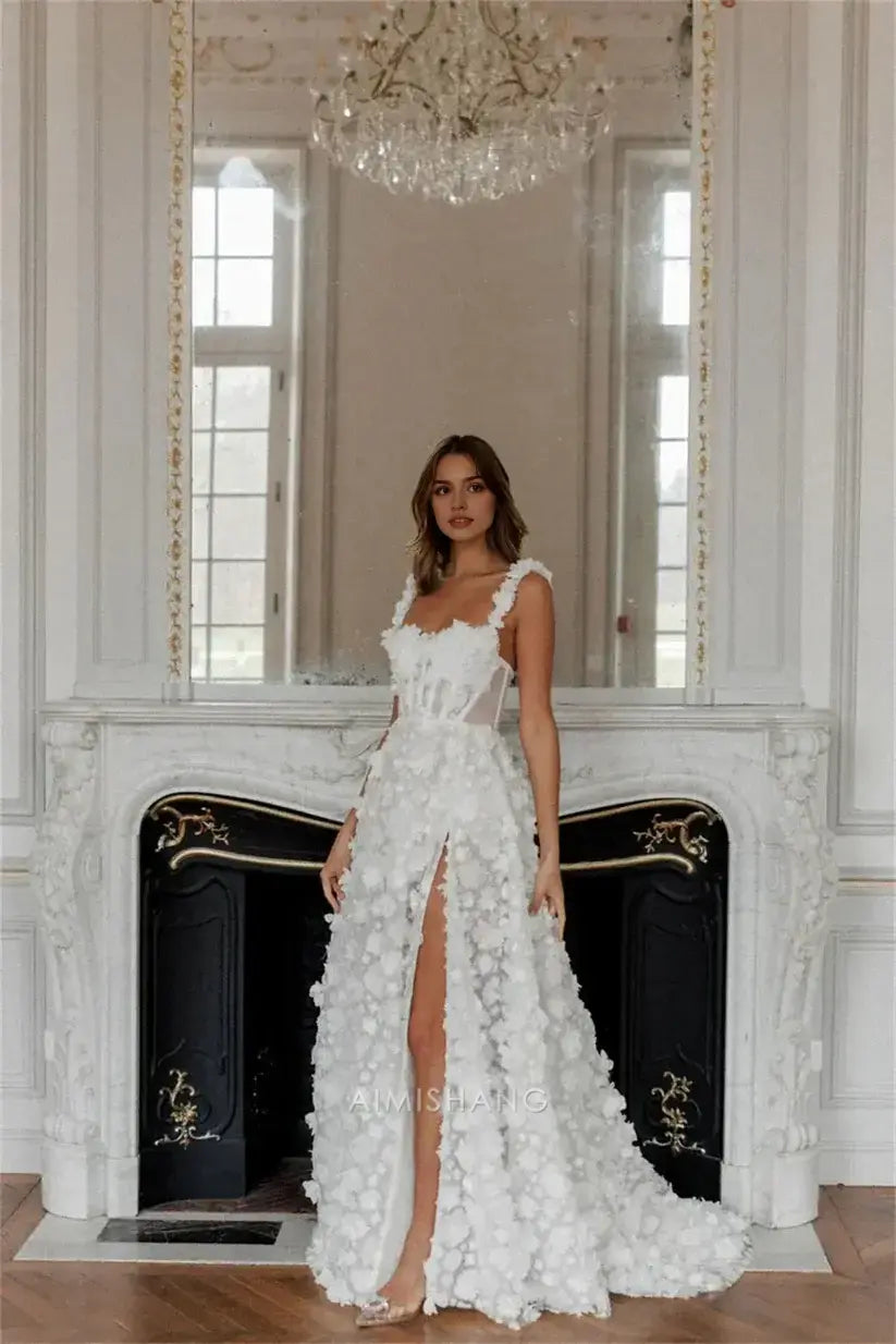 Aimishang Romantic A Line Sleeveless Long Formal Prom Dress With Slit Elegant Wedding Dress Charming Bridal Gown